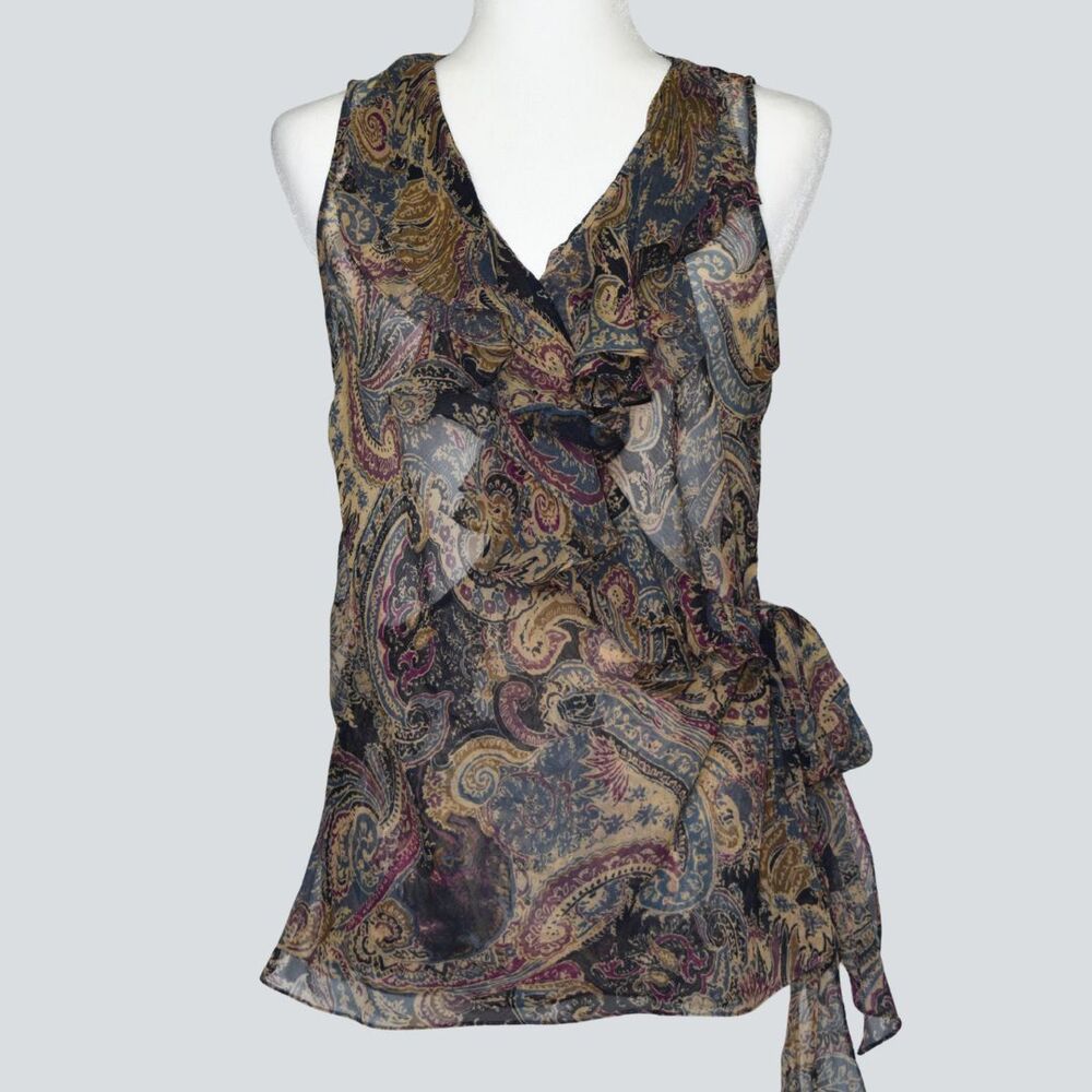 RALPH LAUREN Paisley 100% Silk Ruffle Wrap V-neck Blouse Top Size 14